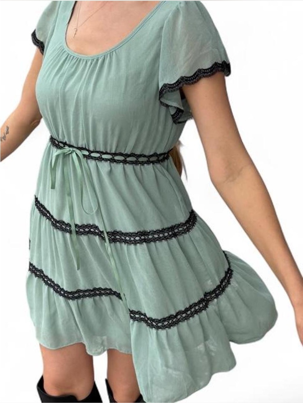 Mint green babydoll dress with black scalloped lace trim flutter sleeve kawaii